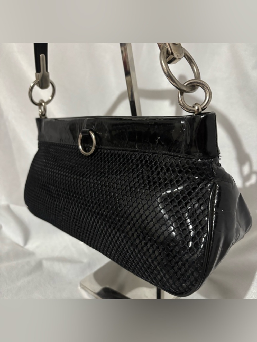 Sergio Rossi Vintage 90s Black Mesh Baguette Hobo Bag Silver O-Ring Detail - Picture 4 of 14